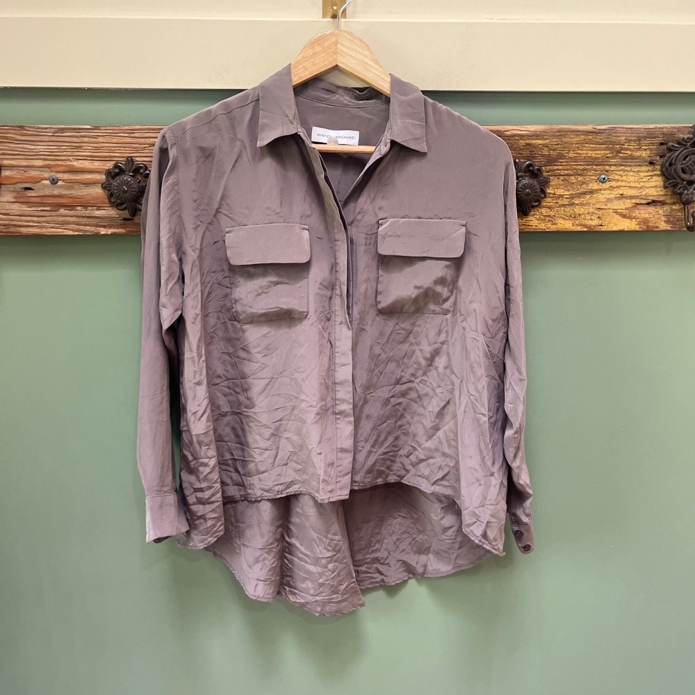 Amanda Uprichard Silk Button Down Blouse Taupe Mauve High Low Top Size P